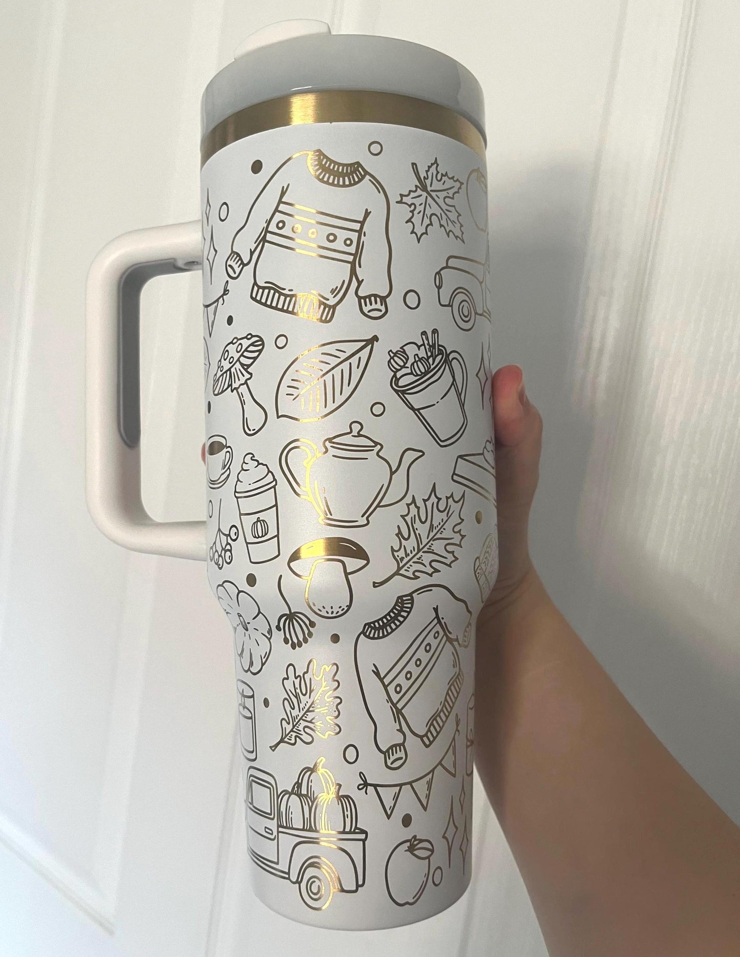 Laser-Engraved Autumn Pumpkin Doodles Tumbler: 40 oz Cozy Travel Mug