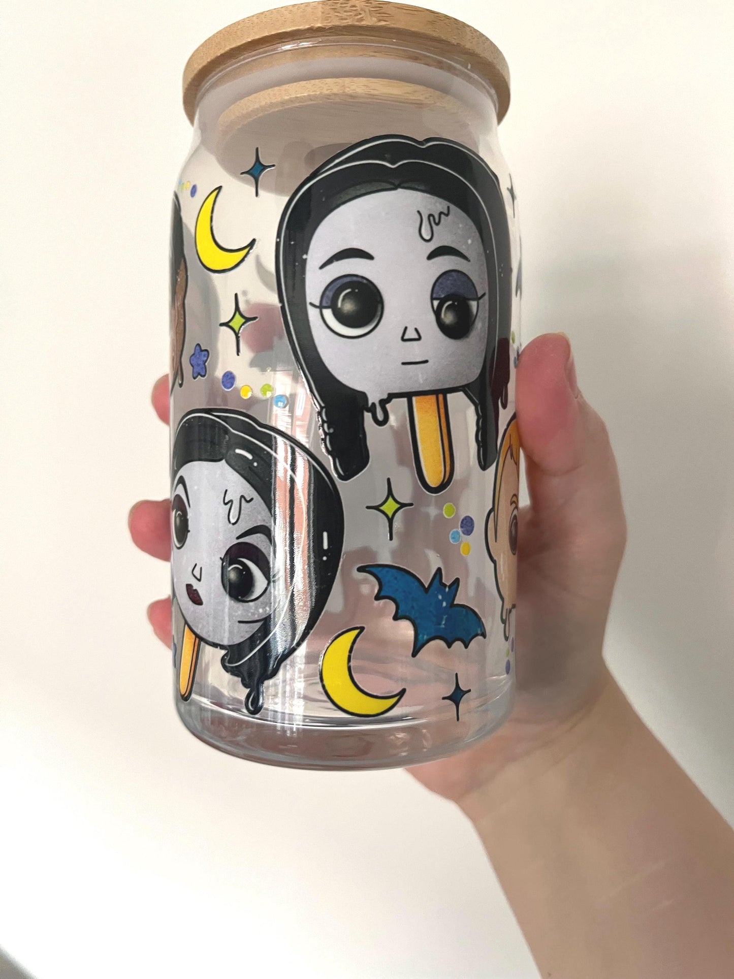 Addams family Wednesday themed glass with lid 16oz, Gomez and mortica
