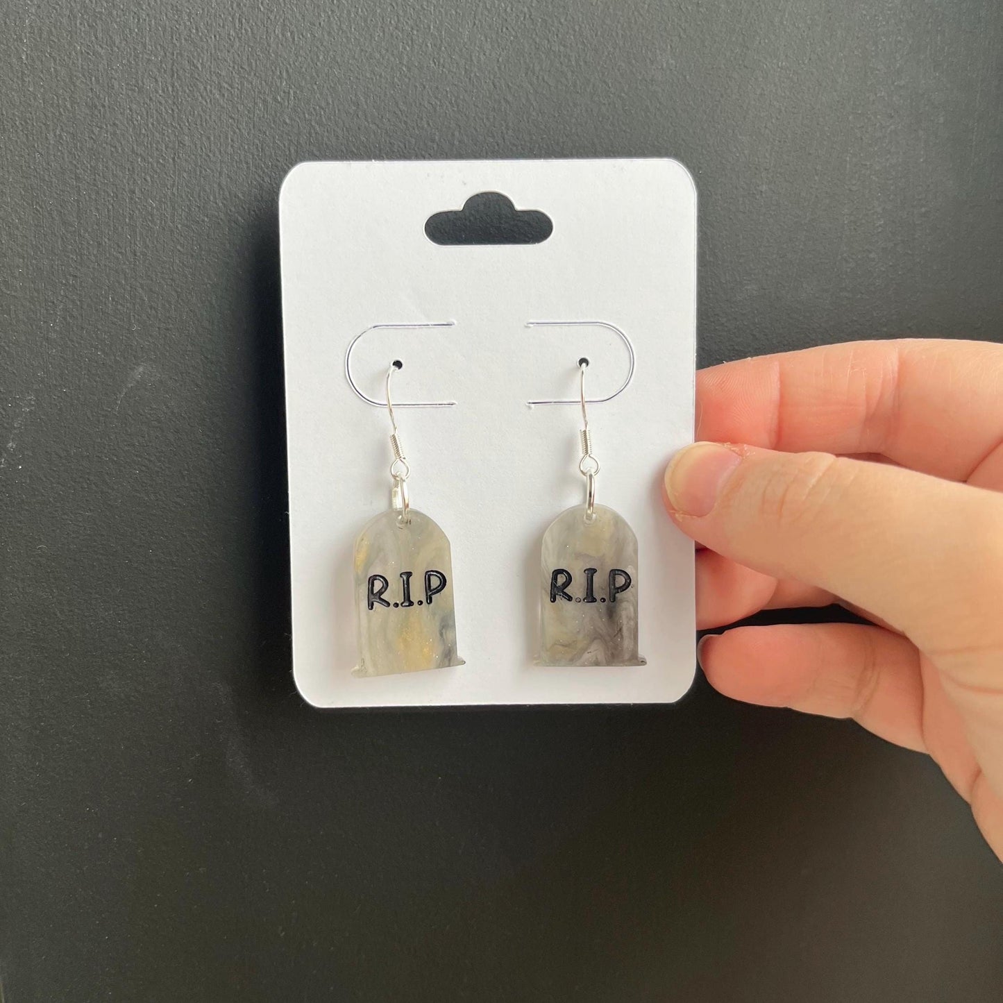 Tombstone acrylic earrings, gravestone earrings, rip costume jewellery