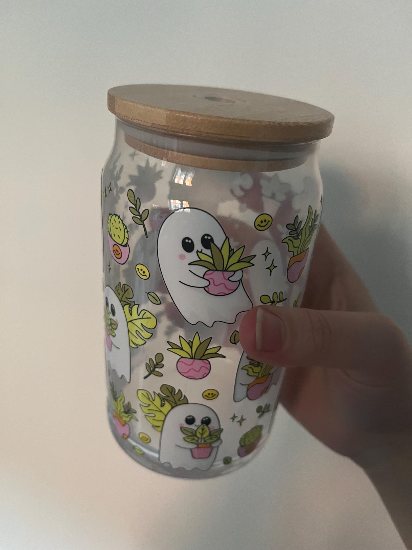 160z glass can with spooky sheet ghosts and plants
