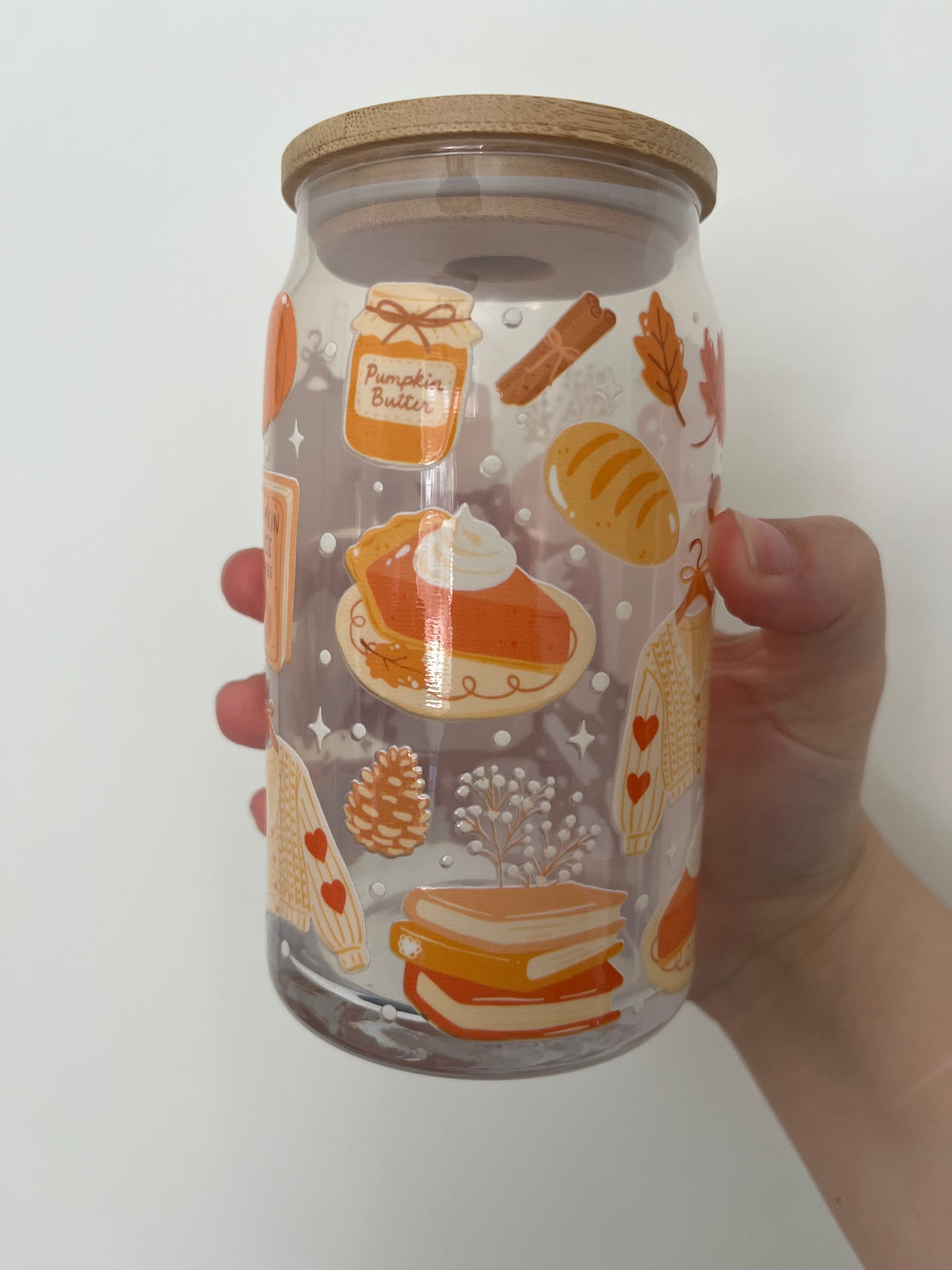 autumn themed 16oz glass can pumpkin spice vibes autumnal colours