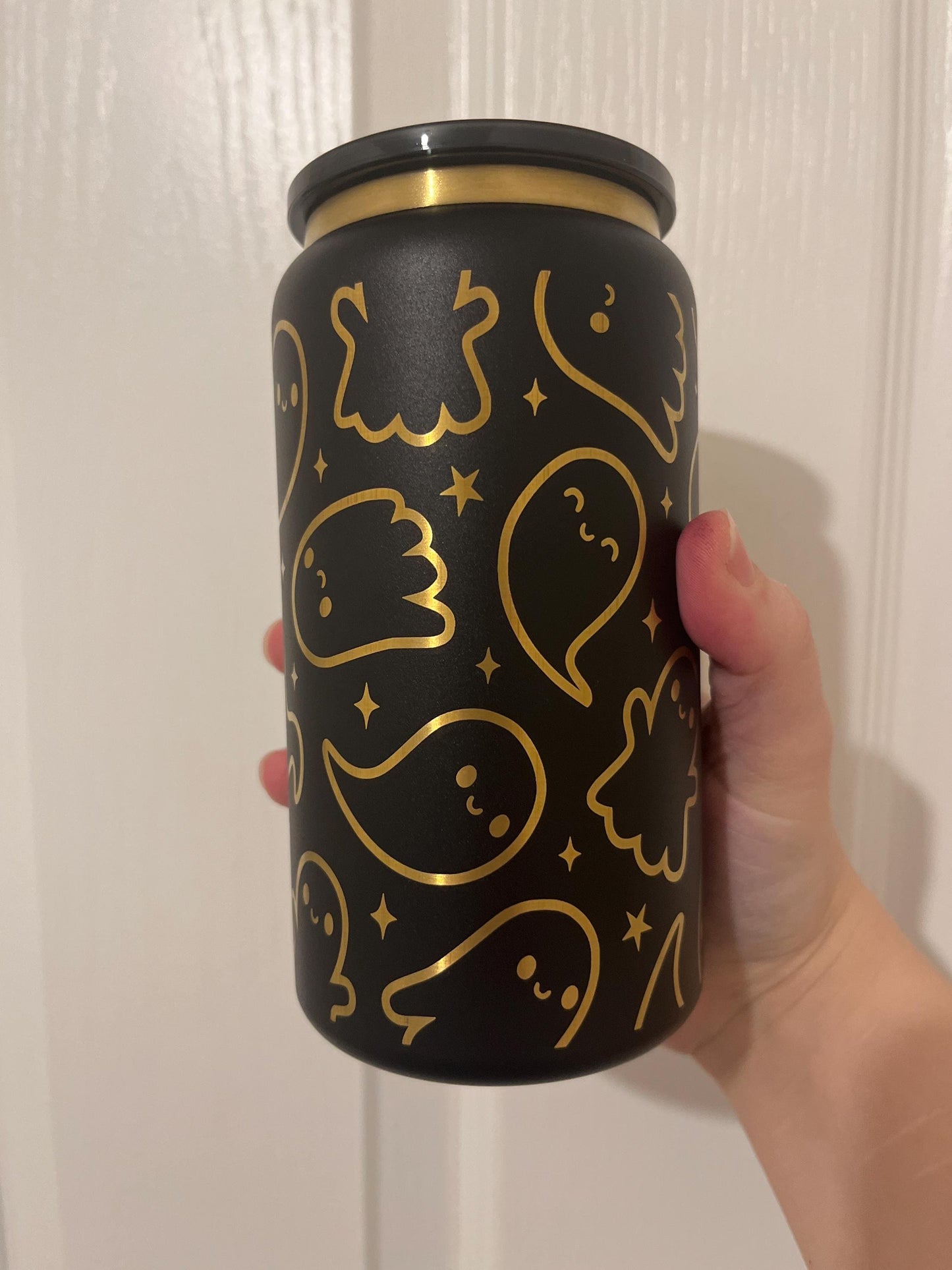 Ghostly stainless steel 16oz tumbler, laser engraved
