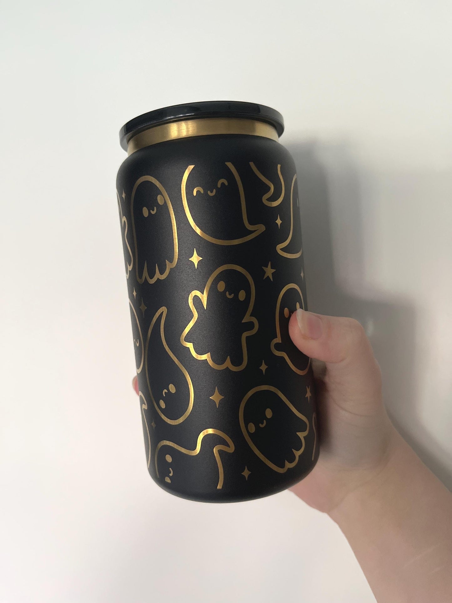 Ghostly stainless steel 16oz tumbler, laser engraved
