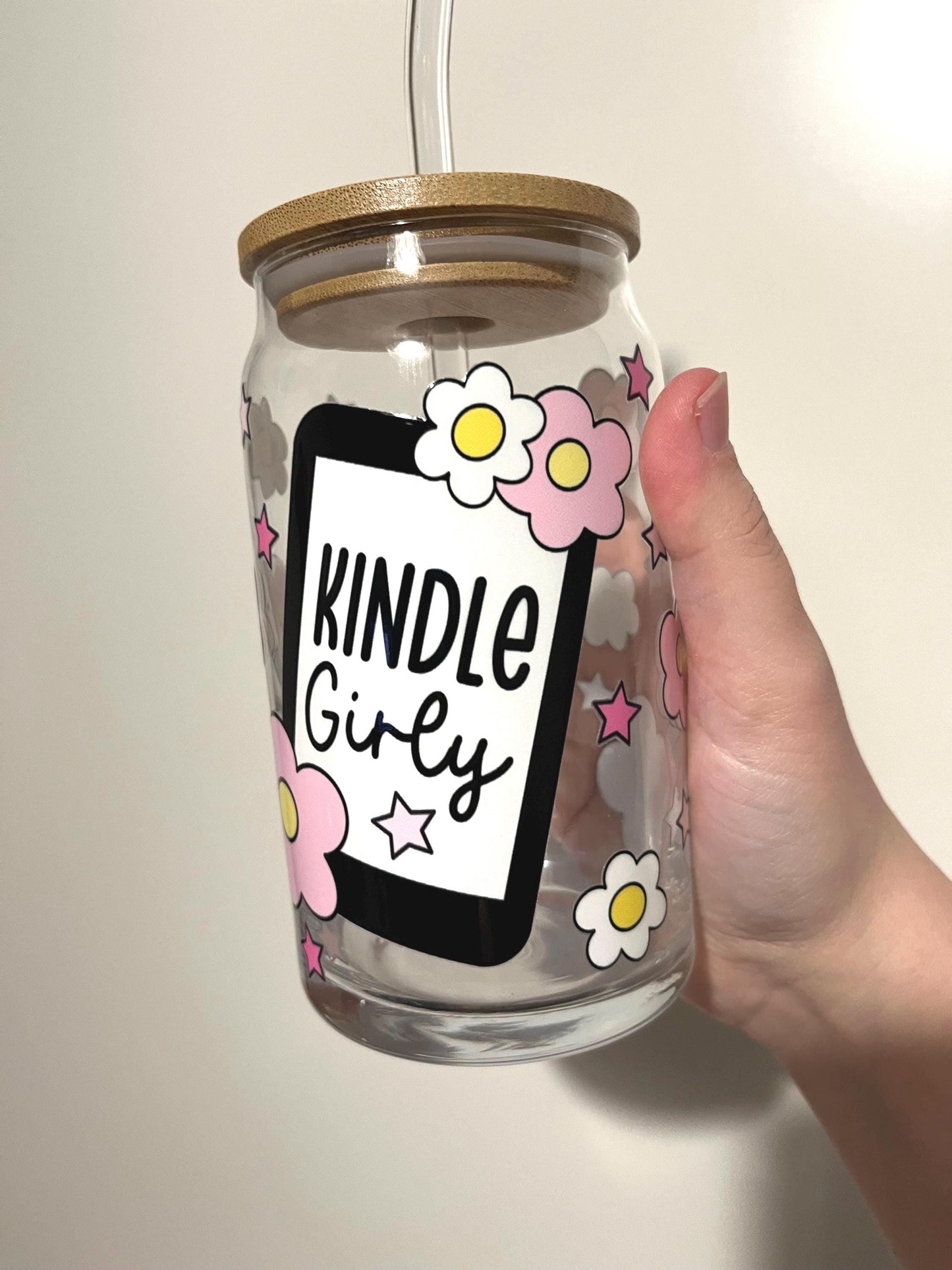 Kindle Girly iced coffee glass, kindle lover gift 16oz glass tumbler