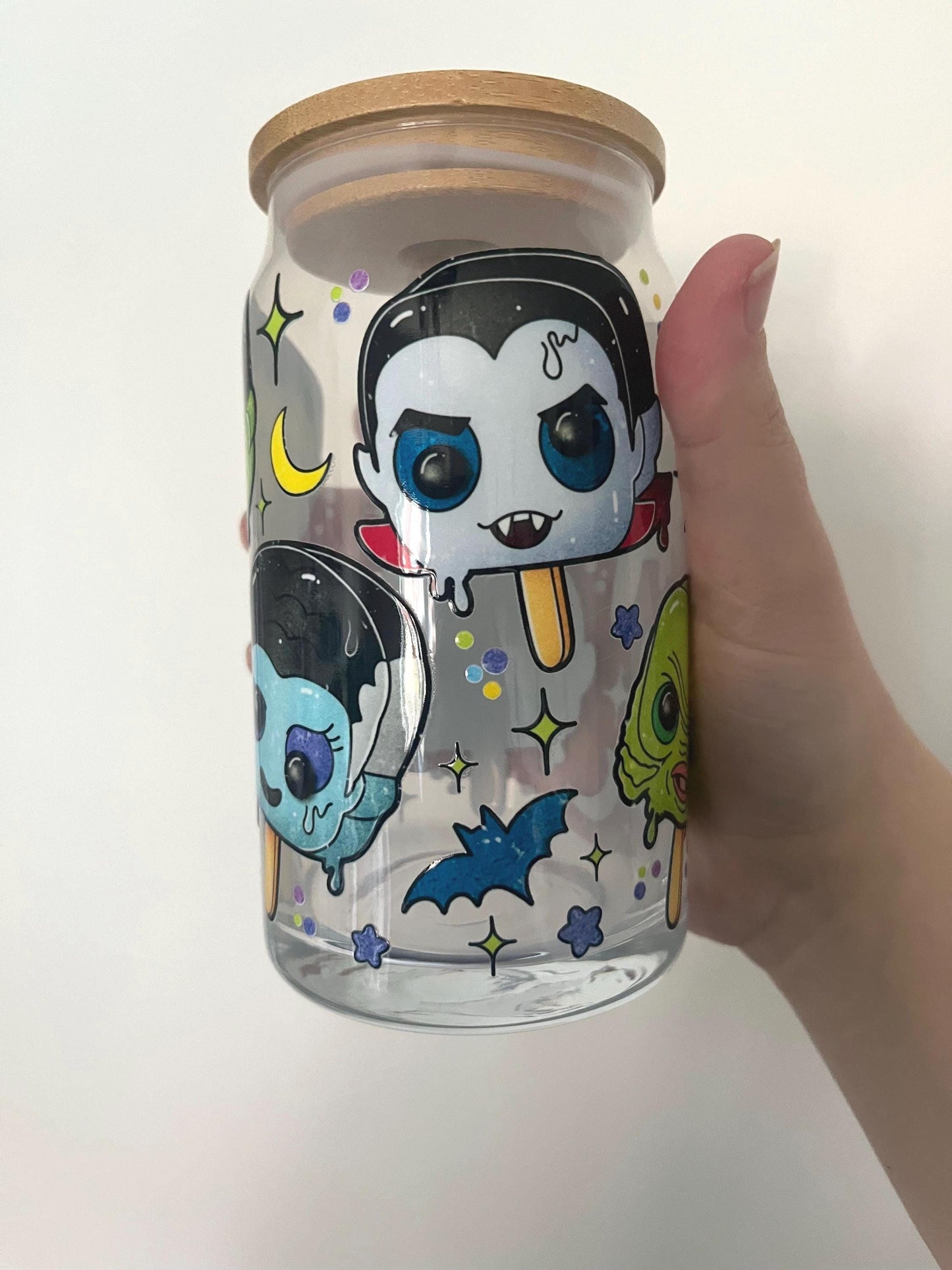 Classic horror monsters 16oz glass with lid, Dracula, Frankenstein
