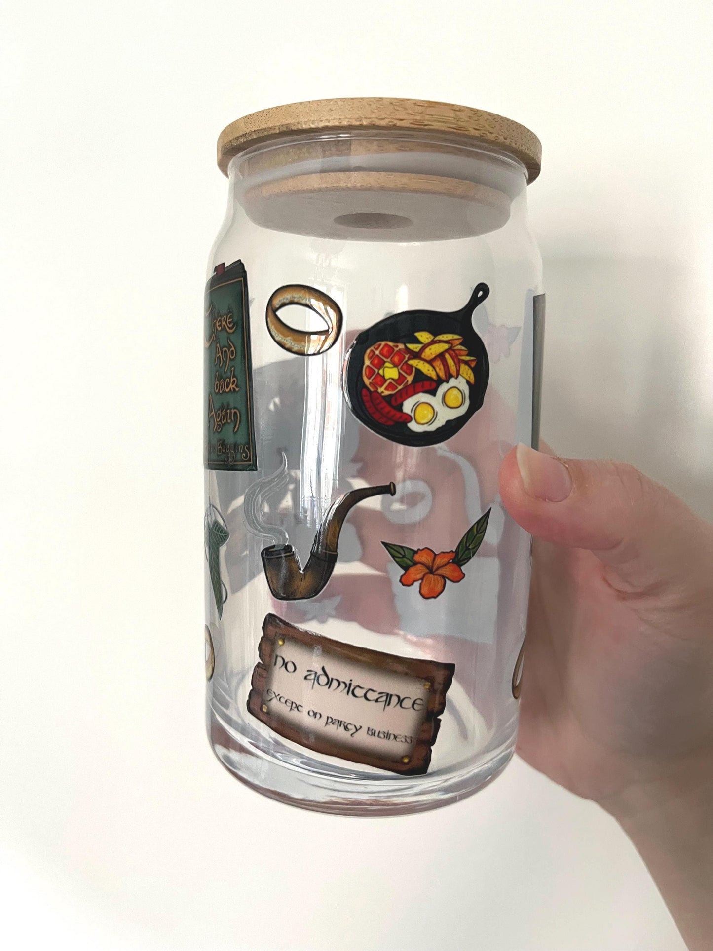 Hobbit lord of the rings themed glass cup 16oz tumbler for iced coffee fizzy drinks