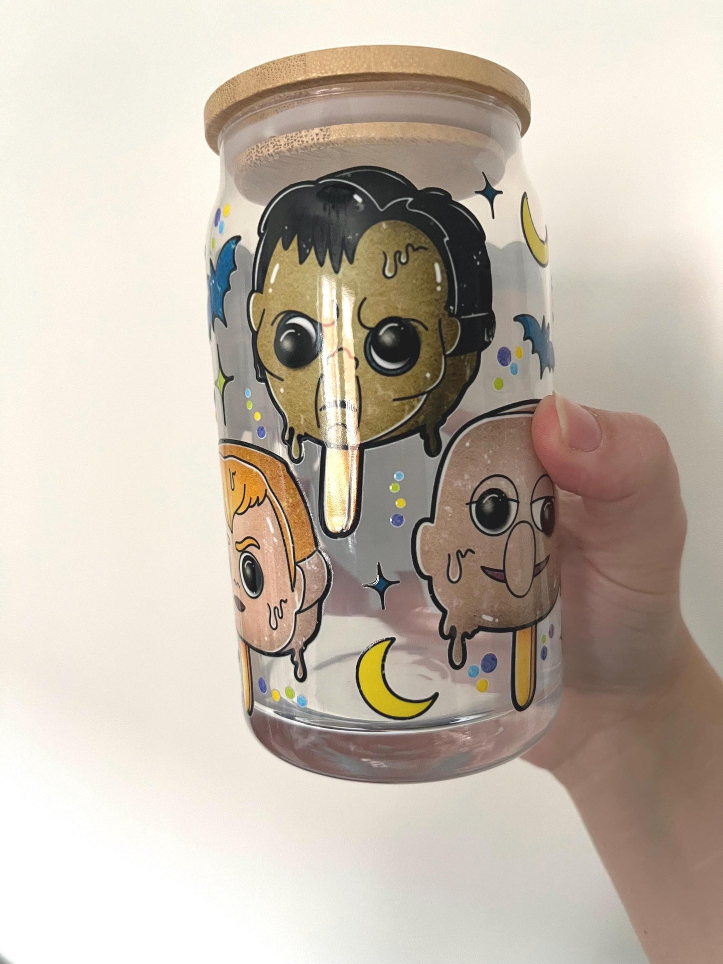 Addams family Wednesday themed glass with lid 16oz, Gomez and mortica