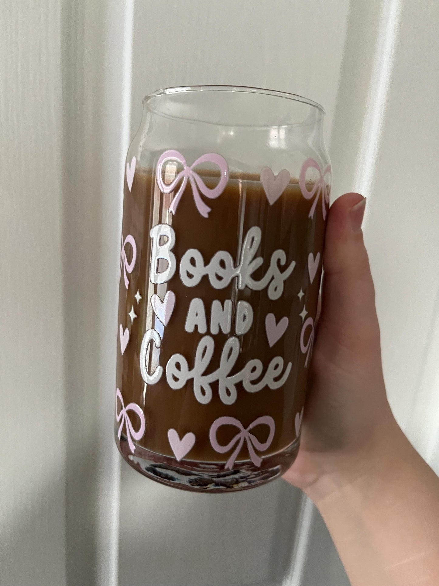 Books and Coffee Glass Tumbler with Lid & Straw