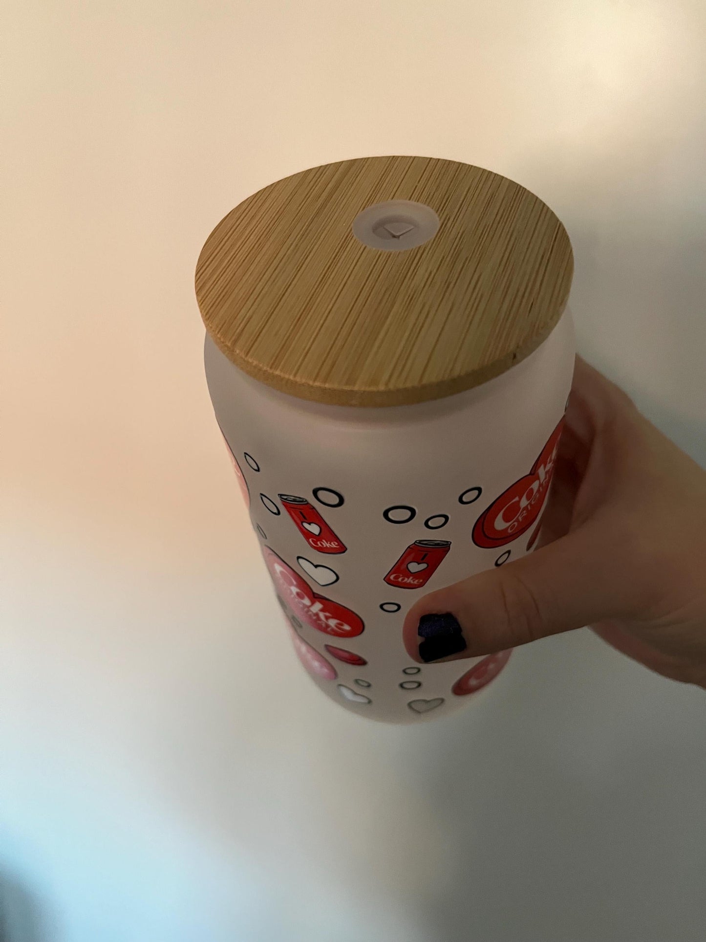 Cola Can Frosted Glass Tumbler: 16oz Iced Coffee Cup with Lid