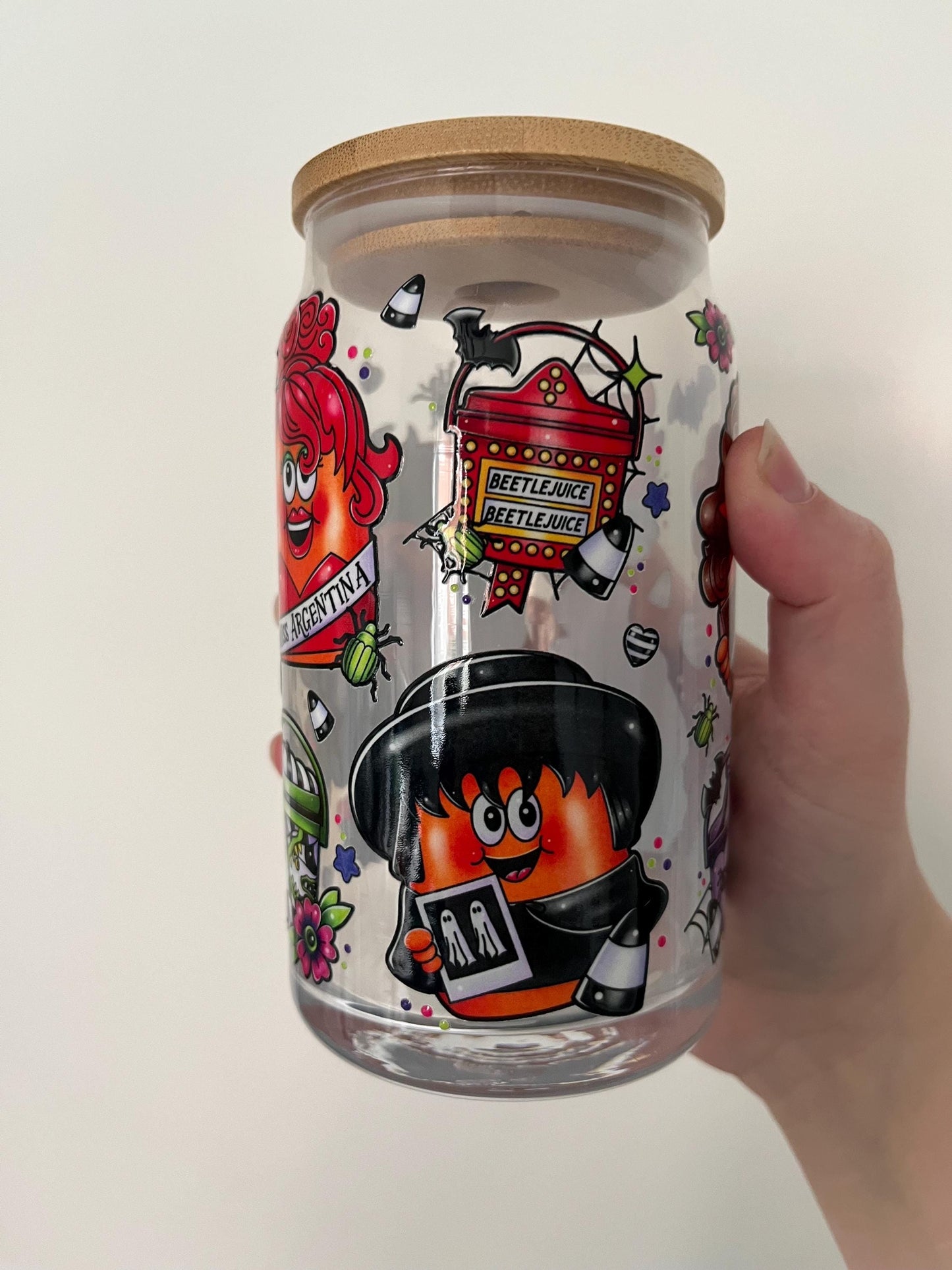 Beetlejuice themed glass with lid 16oz, Lydia deetz