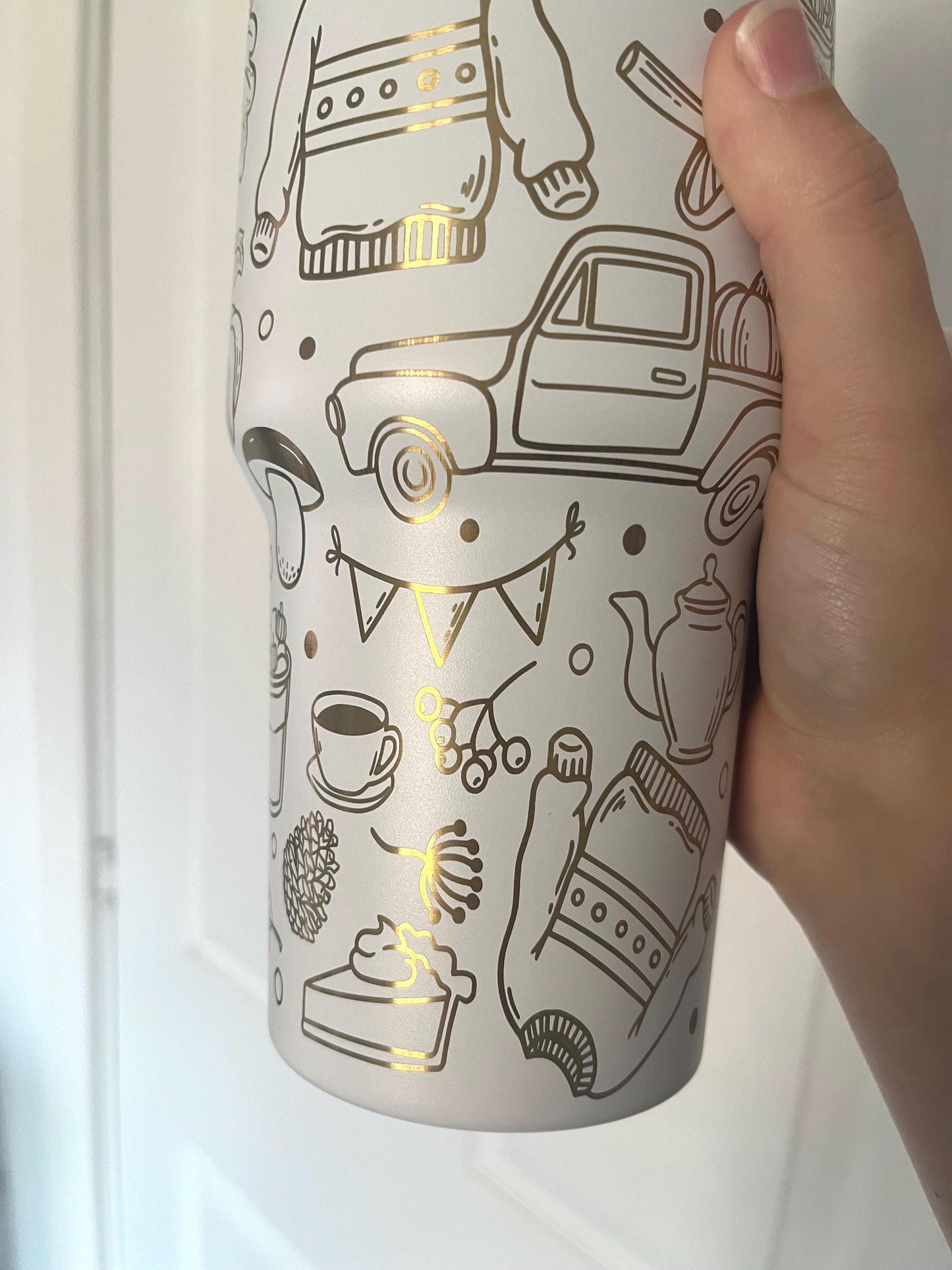 Laser-Engraved Autumn Pumpkin Doodles Tumbler: 40 oz Cozy Travel Mug