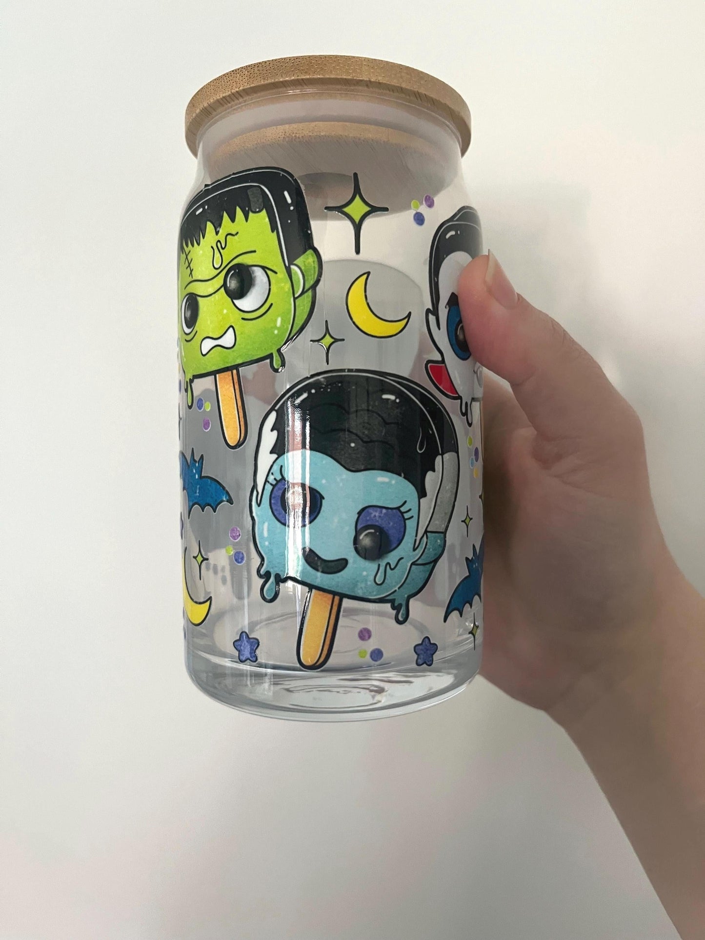 Classic horror monsters 16oz glass with lid, Dracula, Frankenstein