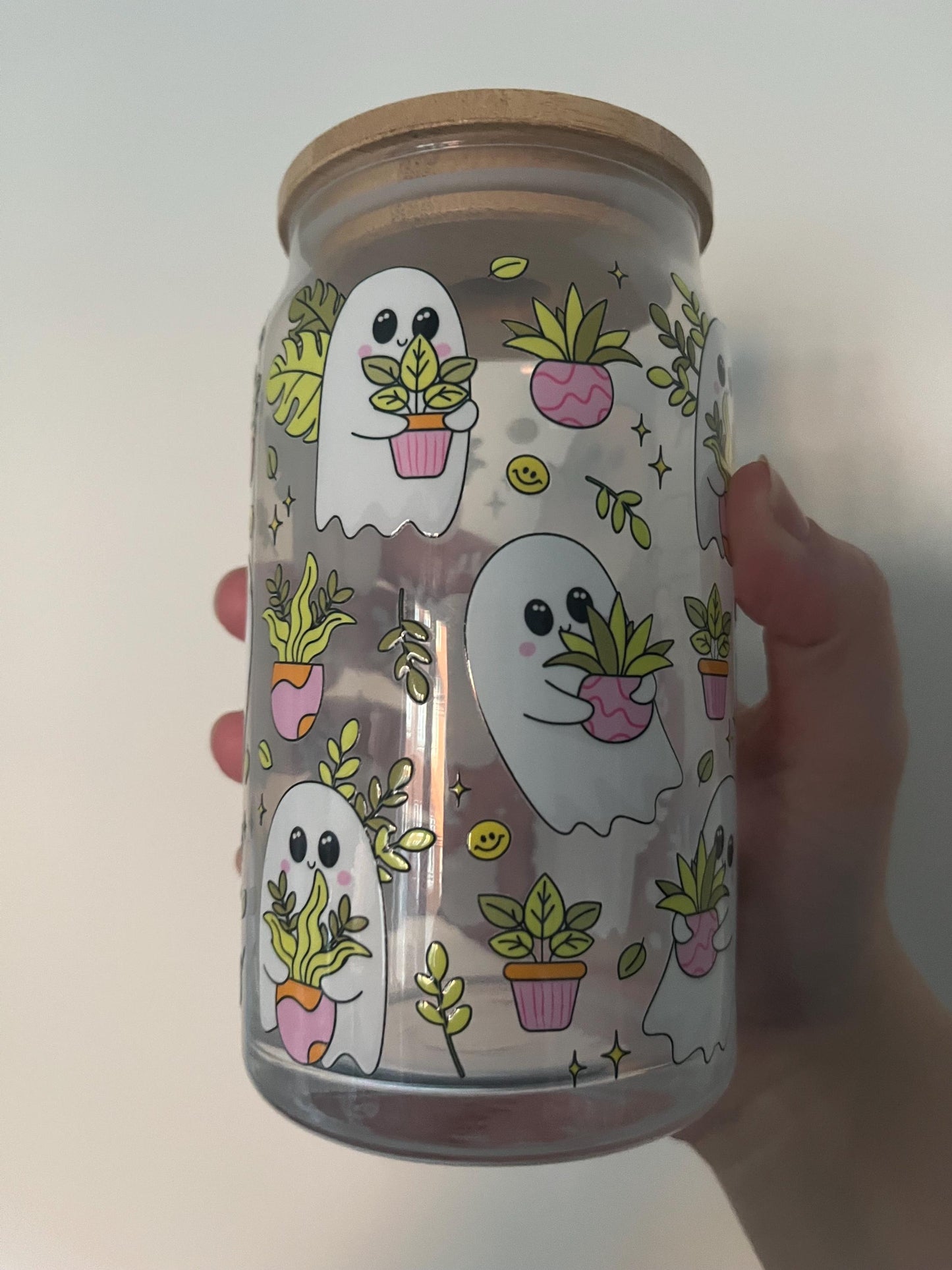 160z glass can with spooky sheet ghosts and plants