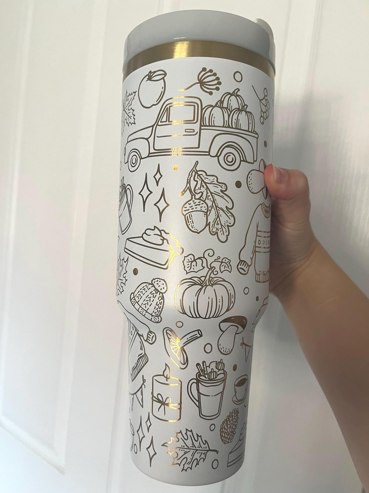 Laser-Engraved Autumn Pumpkin Doodles Tumbler: 40 oz Cozy Travel Mug