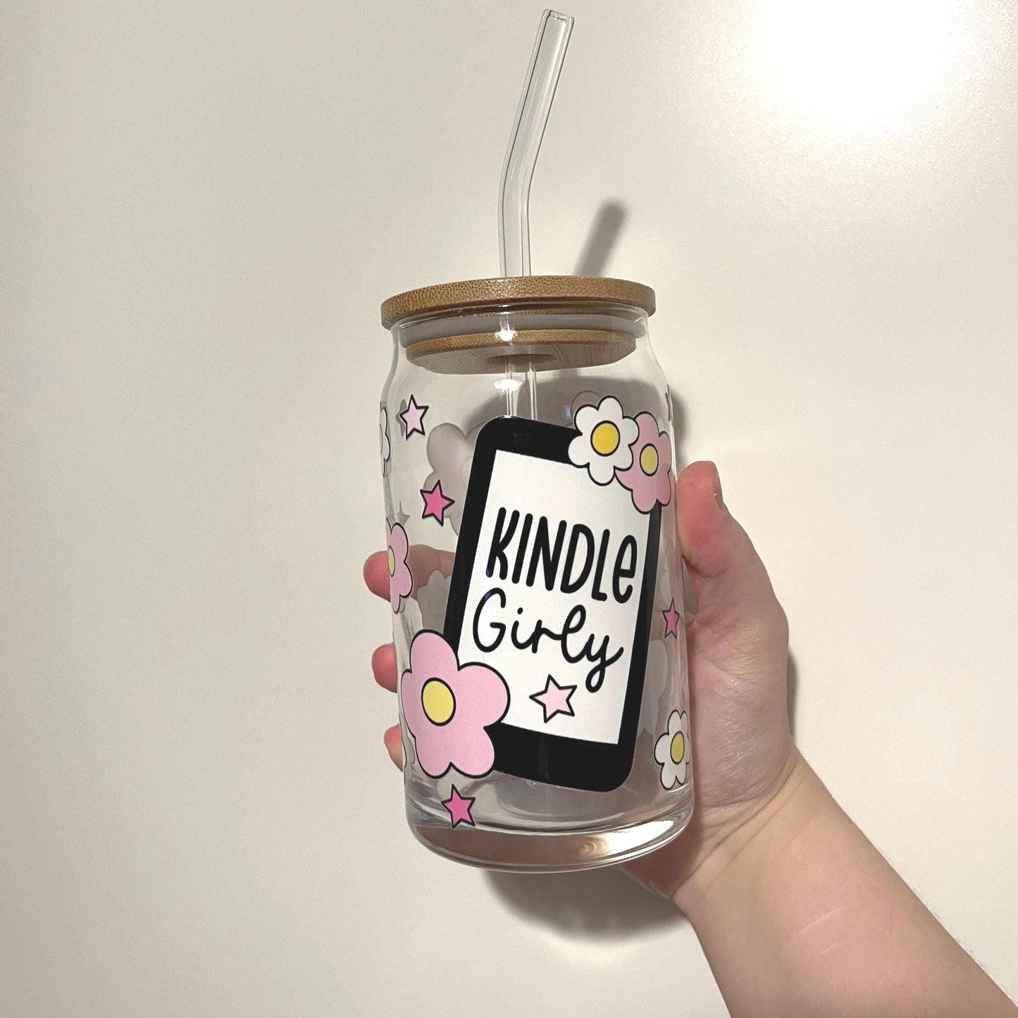 Kindle Girly iced coffee glass, kindle lover gift 16oz glass tumbler