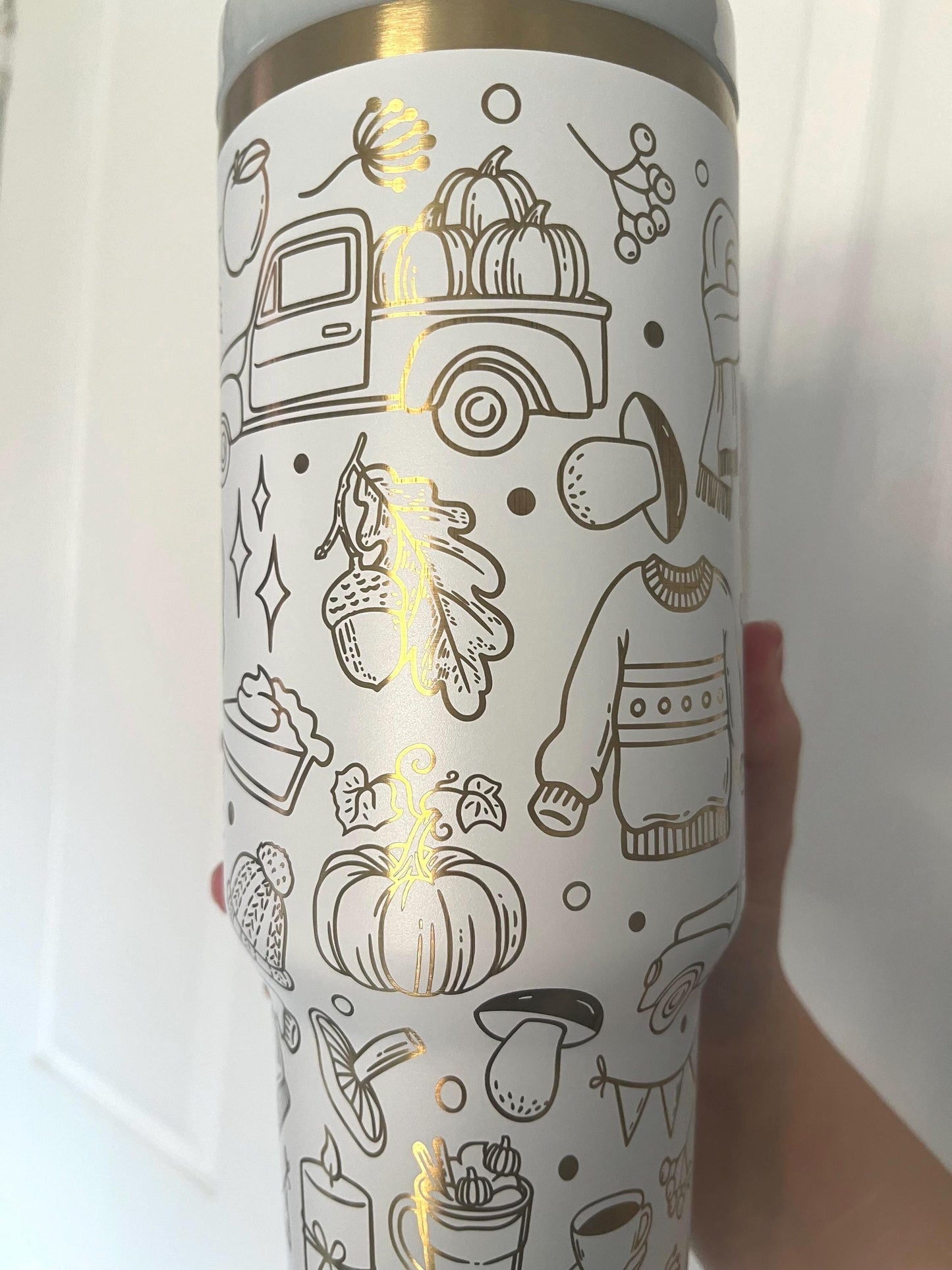Laser-Engraved Autumn Pumpkin Doodles Tumbler: 40 oz Cozy Travel Mug