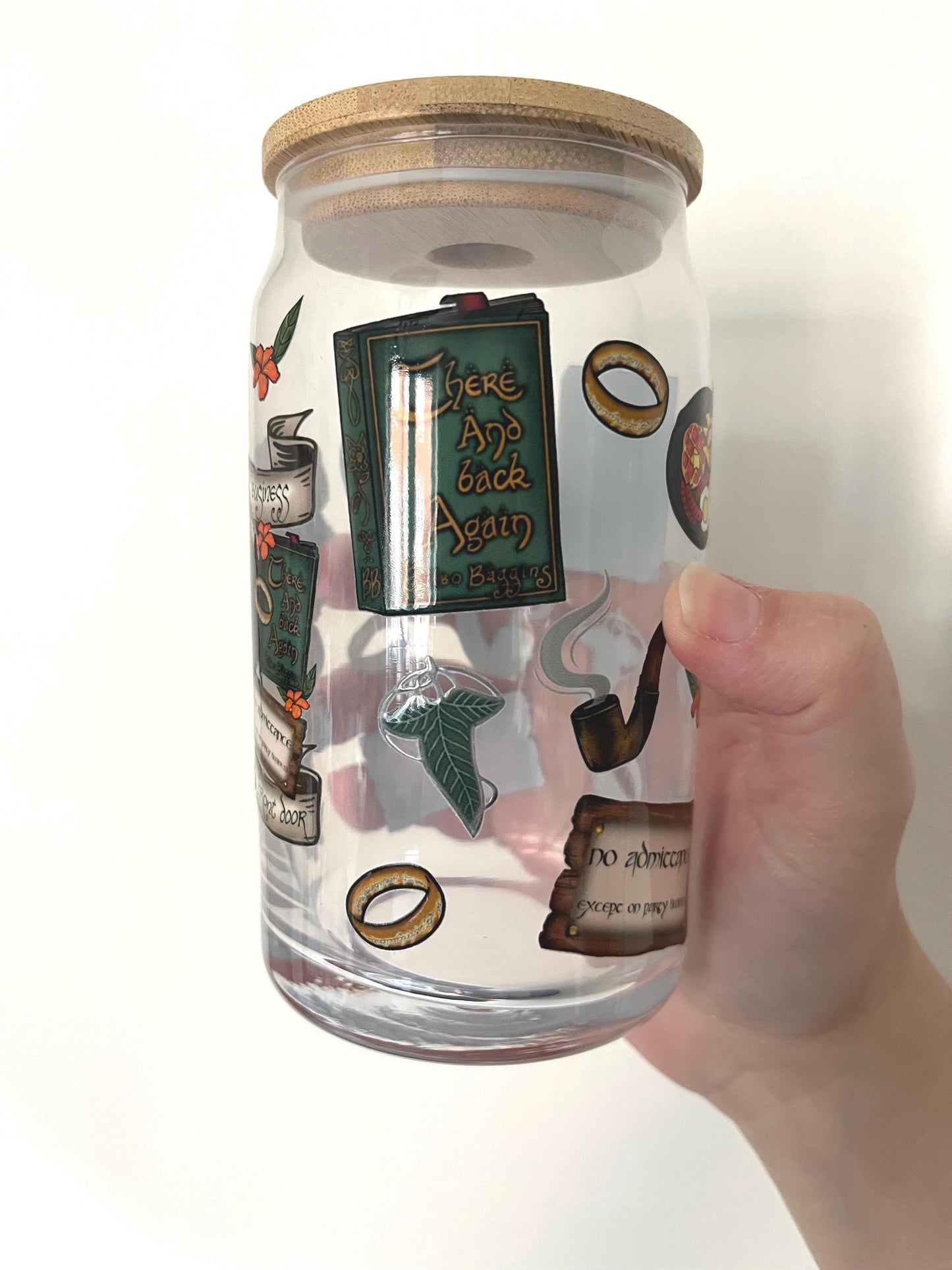 Hobbit lord of the rings themed glass cup 16oz tumbler for iced coffee fizzy drinks