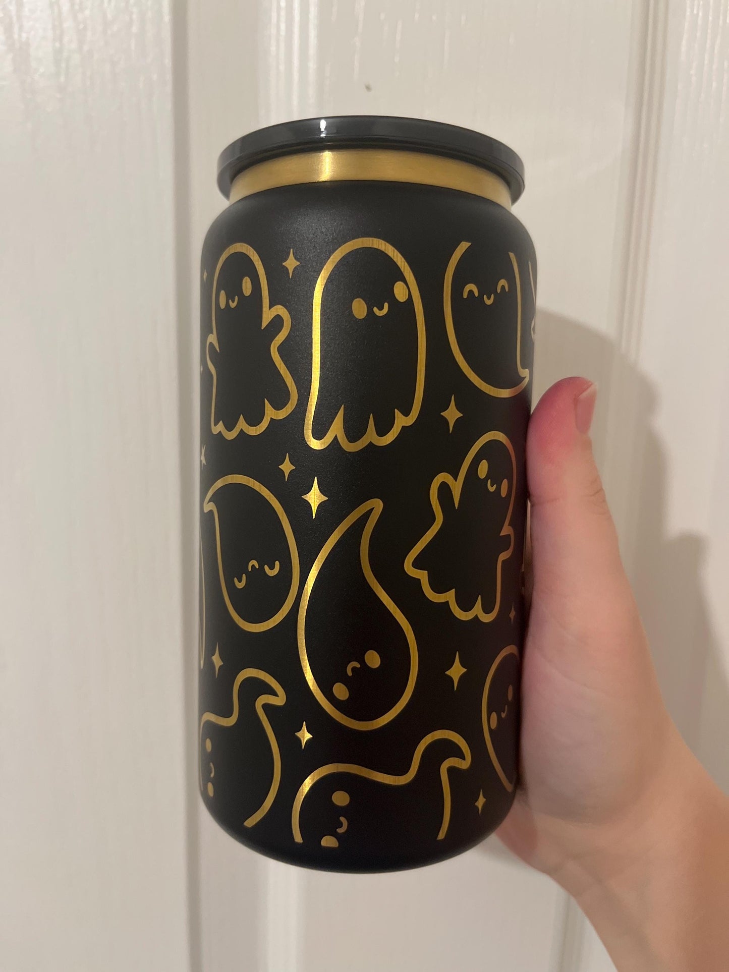 Ghostly stainless steel 16oz tumbler, laser engraved