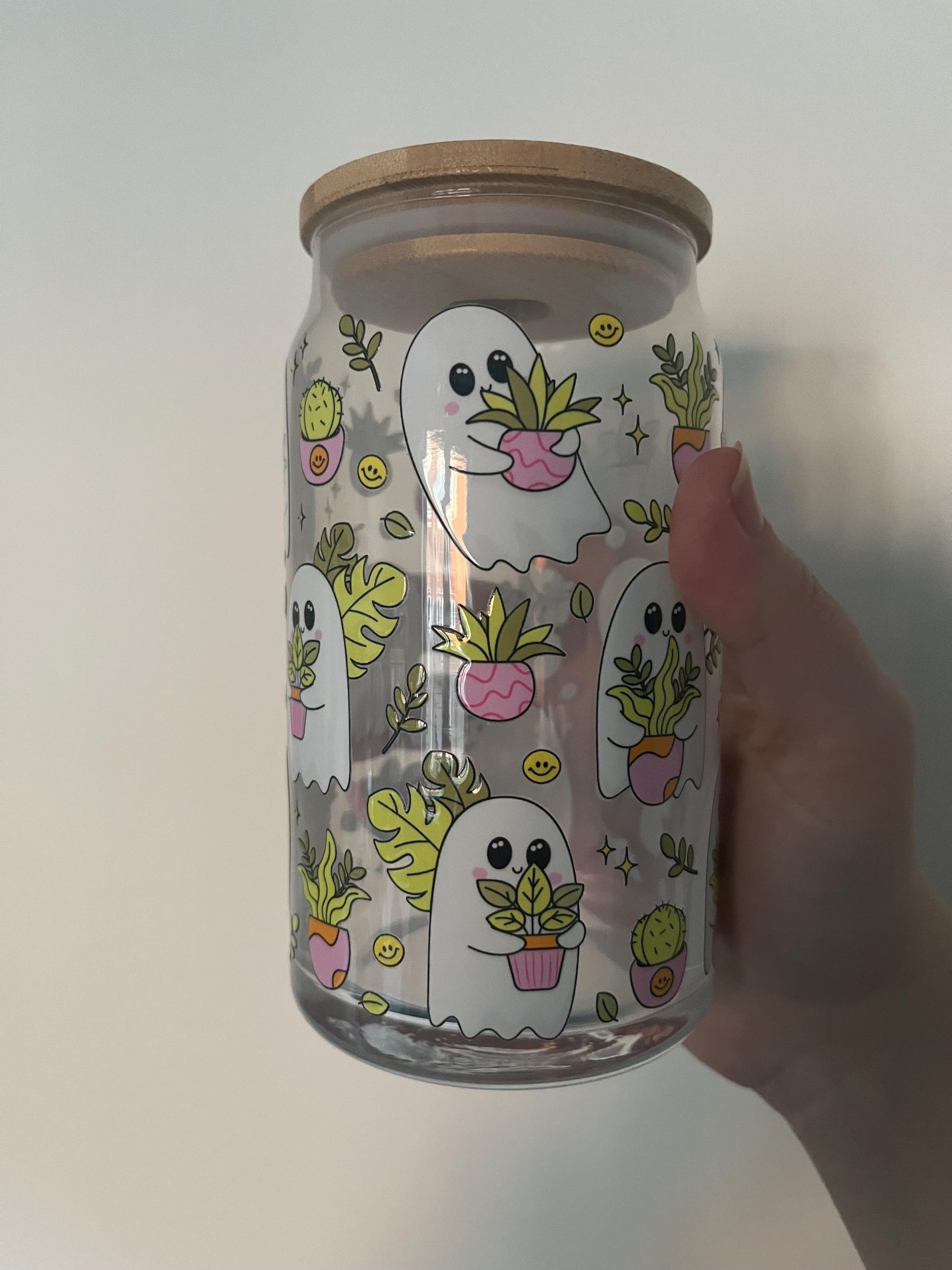 160z glass can with spooky sheet ghosts and plants