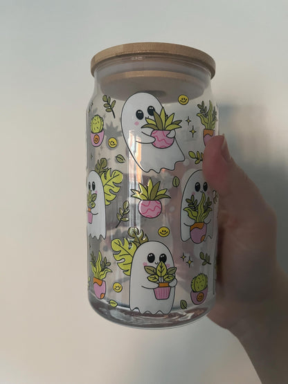 160z glass can with spooky sheet ghosts and plants