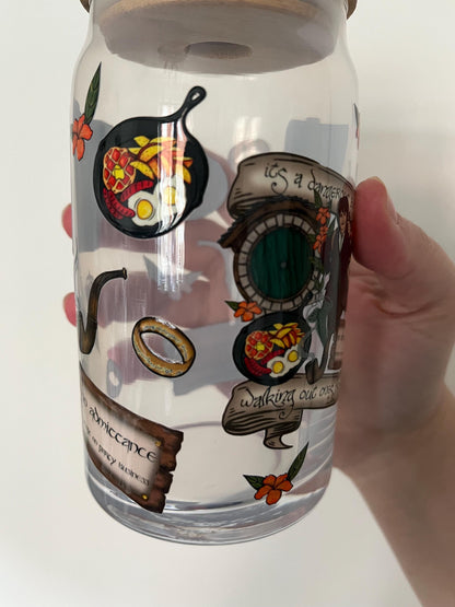 Hobbit lord of the rings themed glass cup 16oz tumbler for iced coffee fizzy drinks