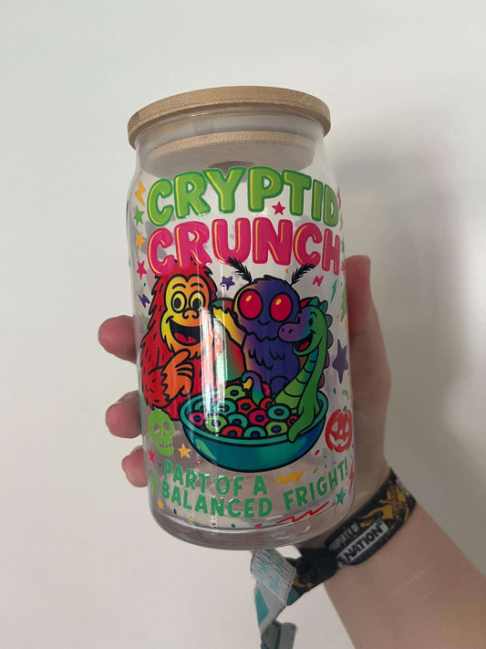 cyrptid themed glass tumbler featuring mothman big foot lochness monster