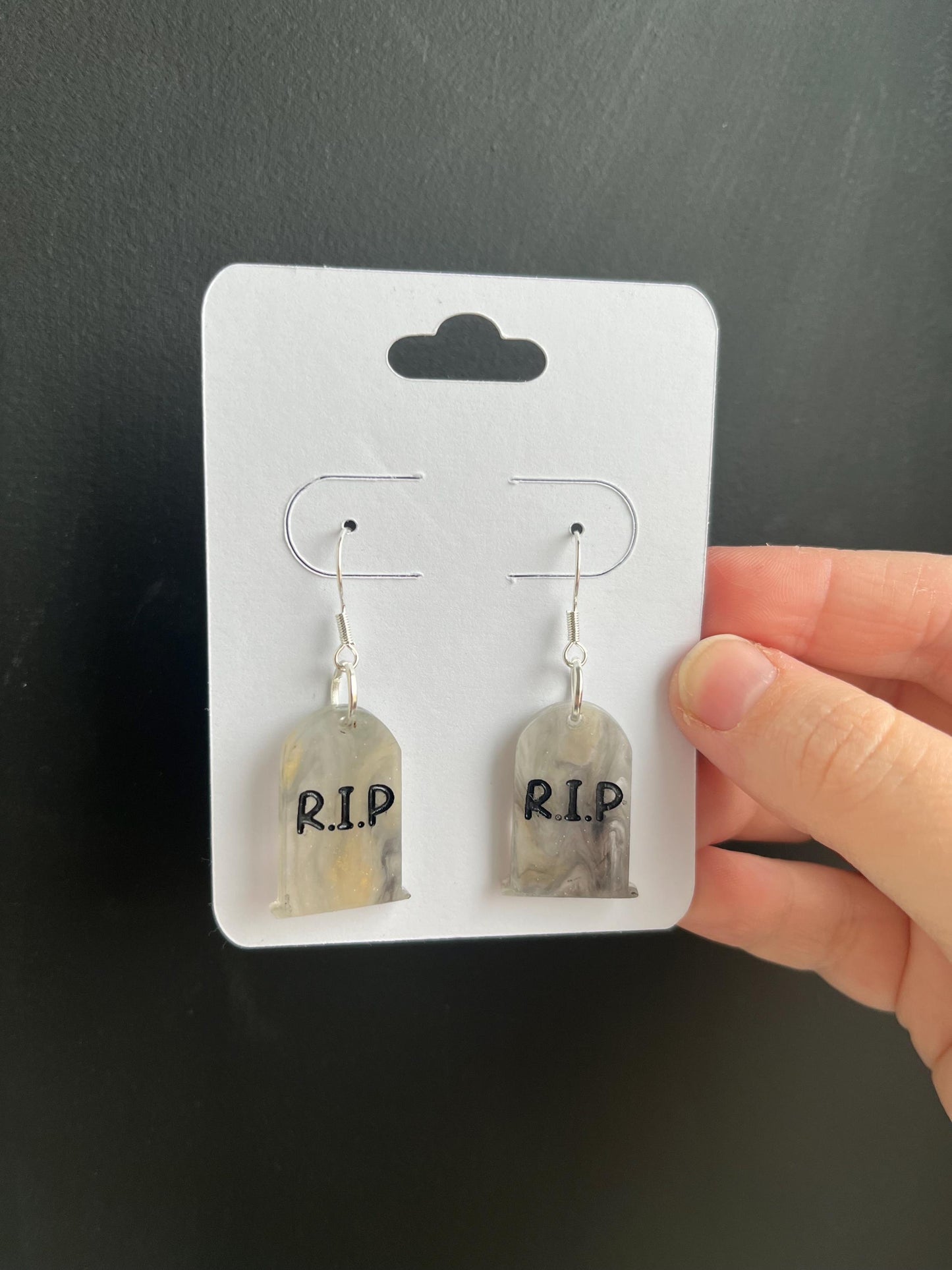 Tombstone acrylic earrings, gravestone earrings, rip costume jewellery