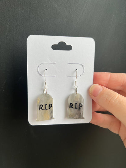 Tombstone acrylic earrings, gravestone earrings, rip costume jewellery