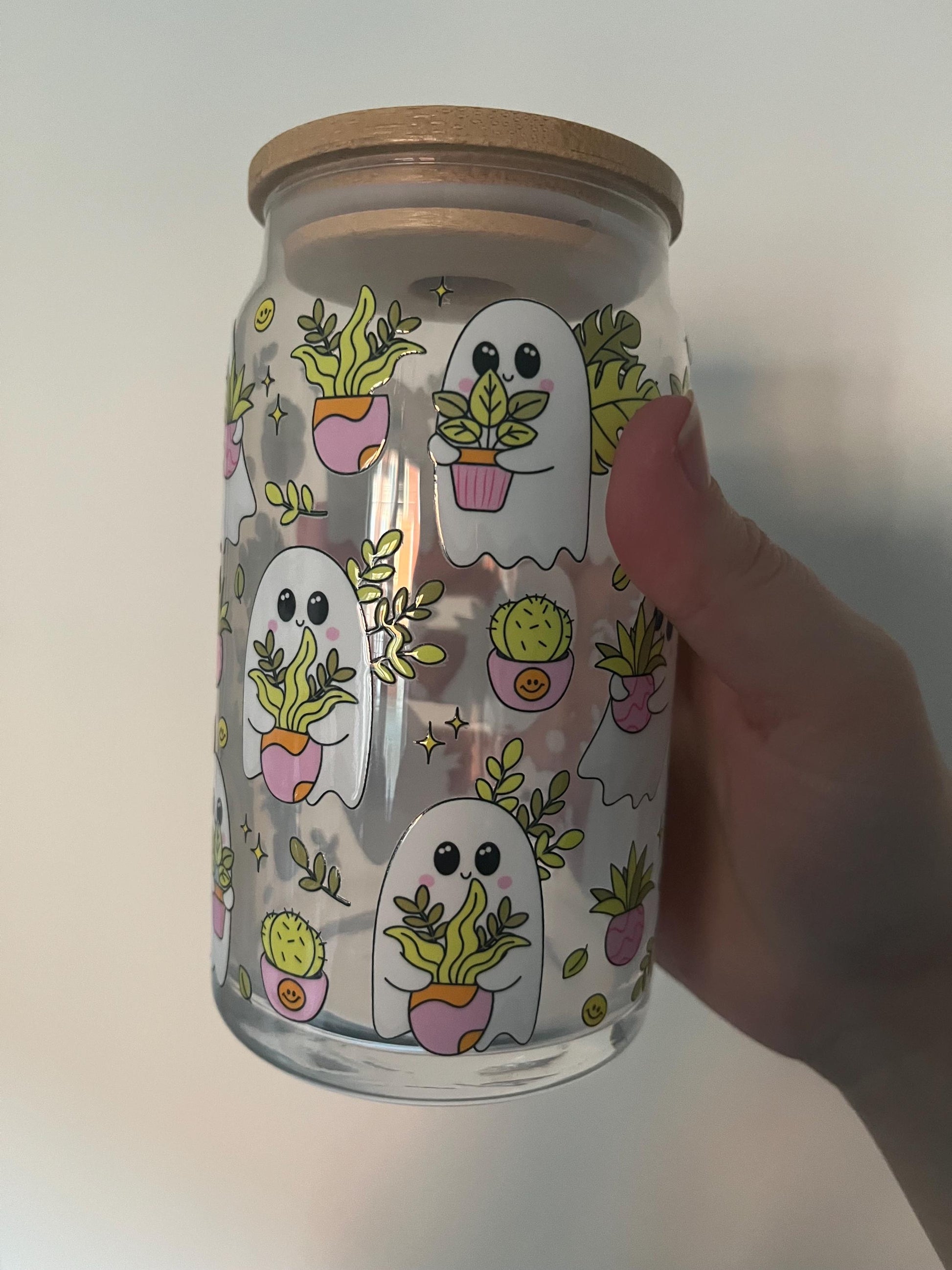 160z glass can with spooky sheet ghosts and plants