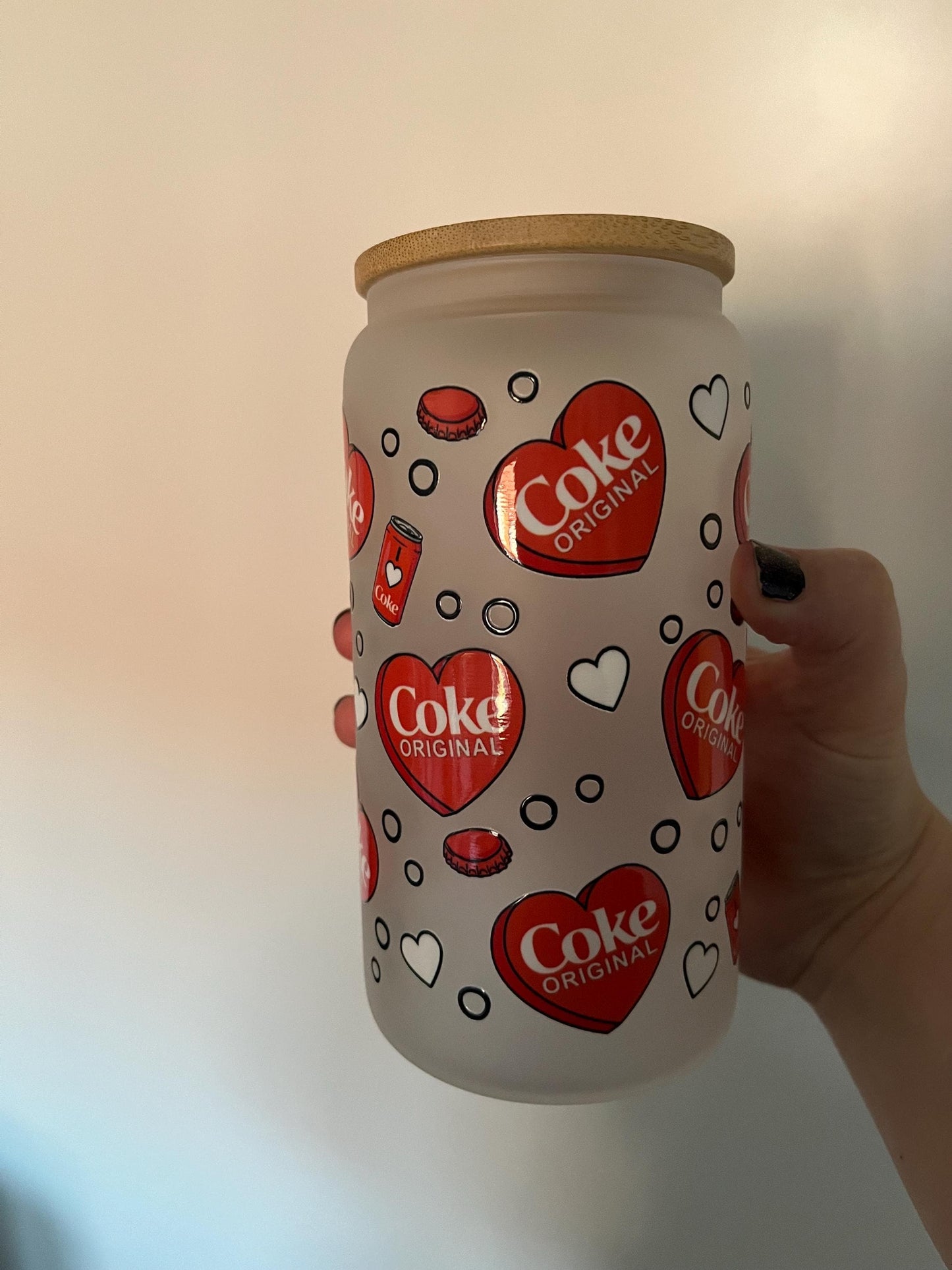 Cola Can Frosted Glass Tumbler: 16oz Iced Coffee Cup with Lid