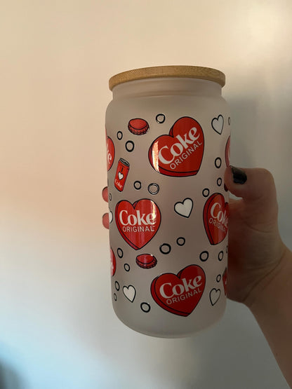 Cola Can Frosted Glass Tumbler: 16oz Iced Coffee Cup with Lid