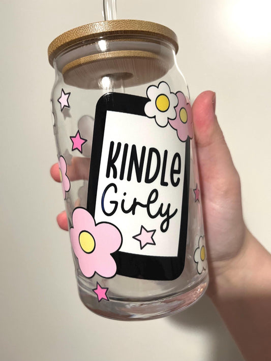 Kindle Girly iced coffee glass, kindle lover gift 16oz glass tumbler