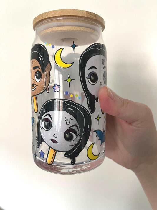Addams family Wednesday themed glass with lid 16oz, Gomez and mortica