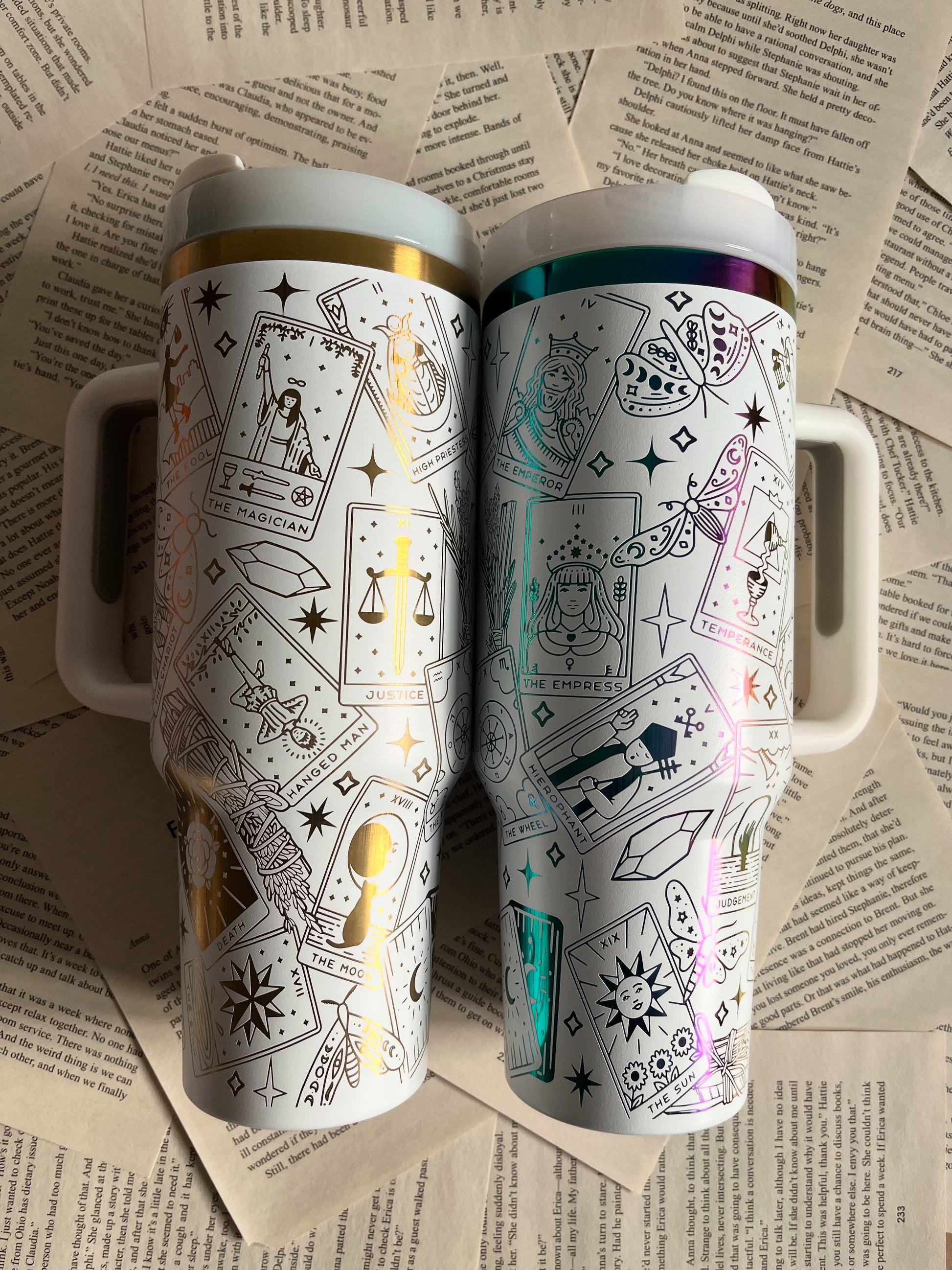 40oz stainless steel tarot tumbler with black and white engraving