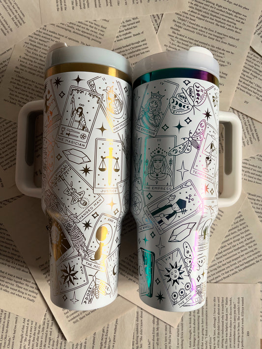 40oz stainless steel tarot tumbler with black and white engraving