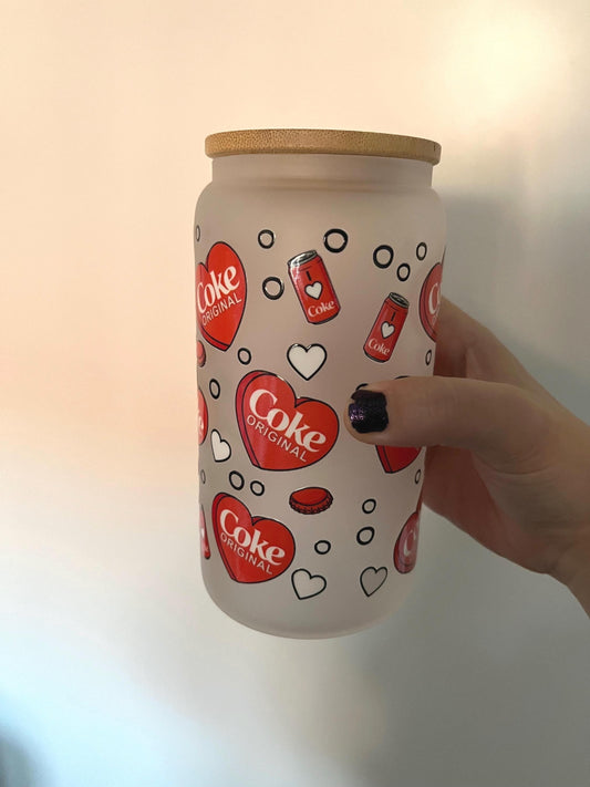 Cola Can Frosted Glass Tumbler: 16oz Iced Coffee Cup with Lid