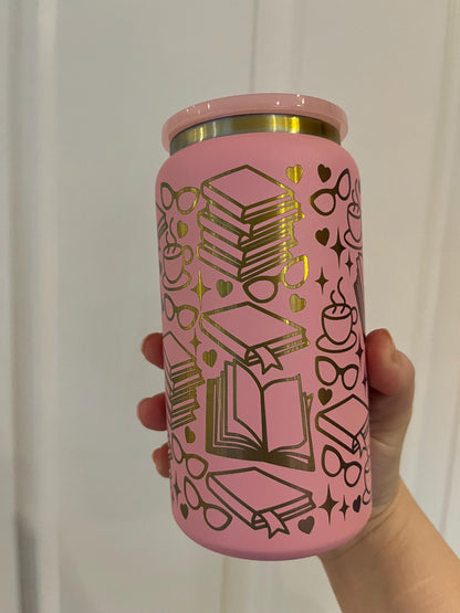 Book Lover Iced Coffee Tumbler: Engraved Stainless Steel 16oz