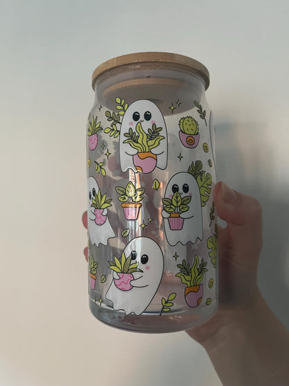 160z glass can with spooky sheet ghosts and plants
