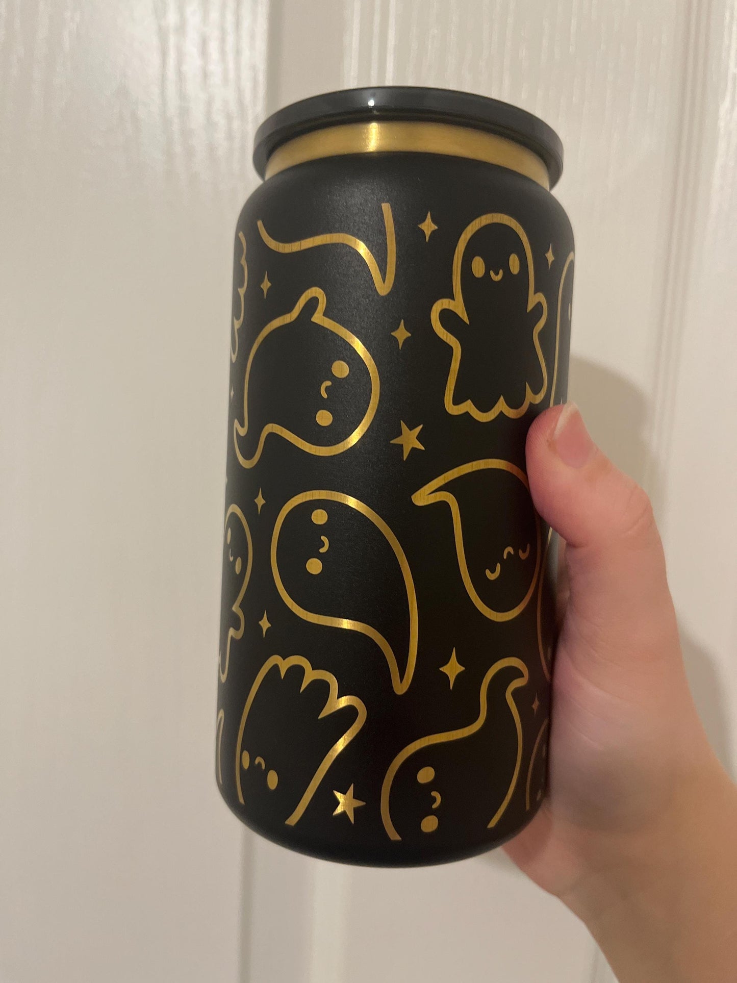 Ghostly stainless steel 16oz tumbler, laser engraved