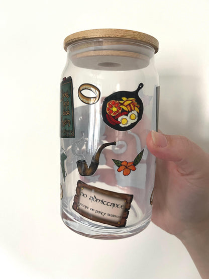 Hobbit lord of the rings themed glass cup 16oz tumbler for iced coffee fizzy drinks