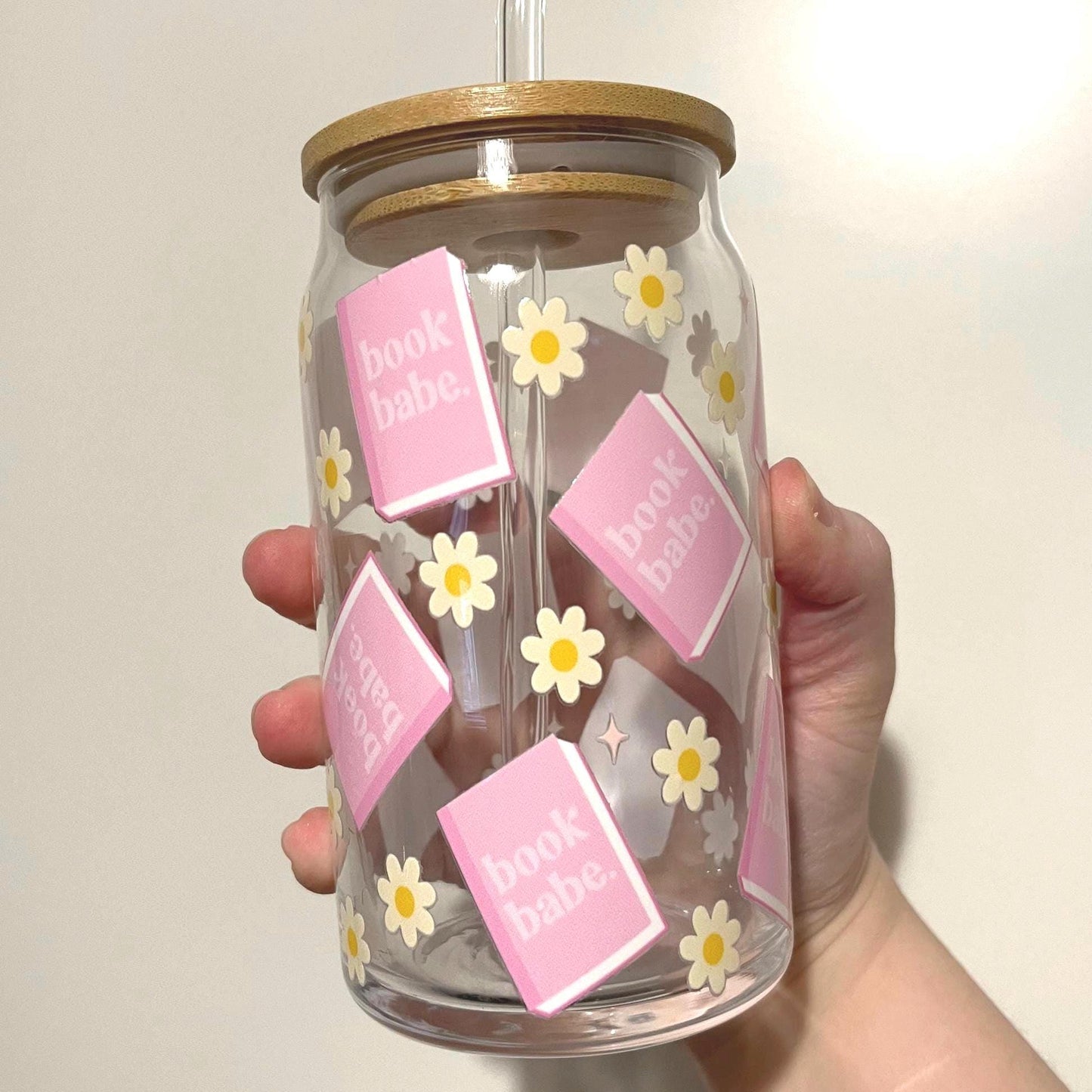 Book babe iced coffee glass - 16oz glass tumbler with lid for book lovers