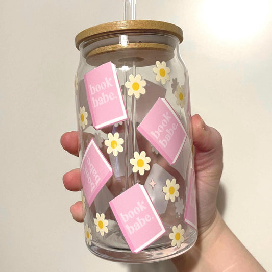Book babe iced coffee glass - 16oz glass tumbler with lid for book lovers
