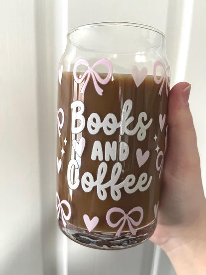 Books and Coffee Glass Tumbler with Lid & Straw