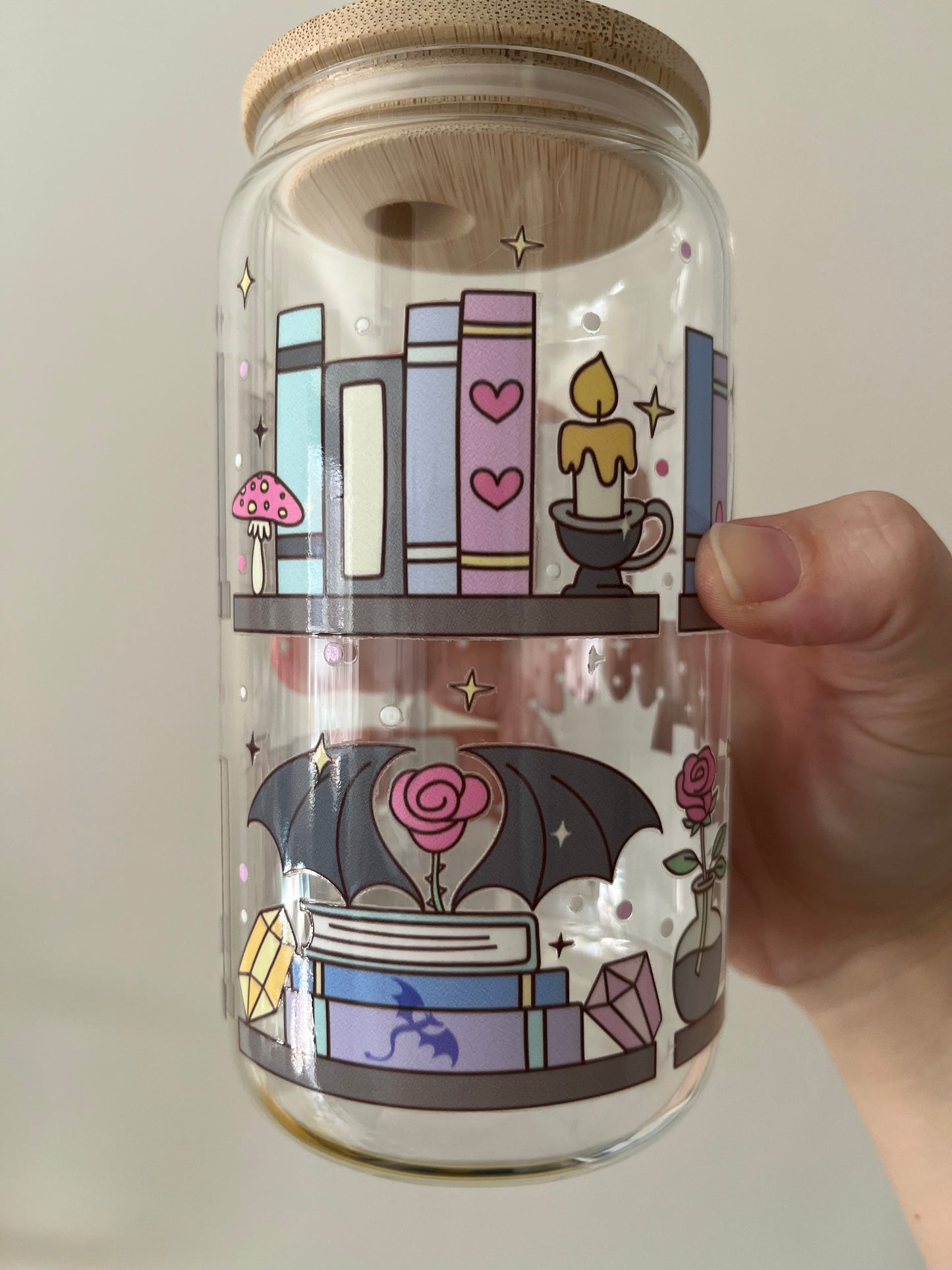 Glass 16oz tumbler with fantasy themed wrap