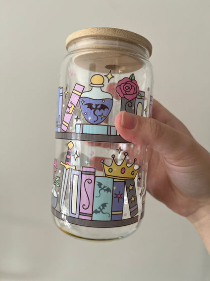 16oz glass tumbler with uvdtf wrap of fantasy books and symbols