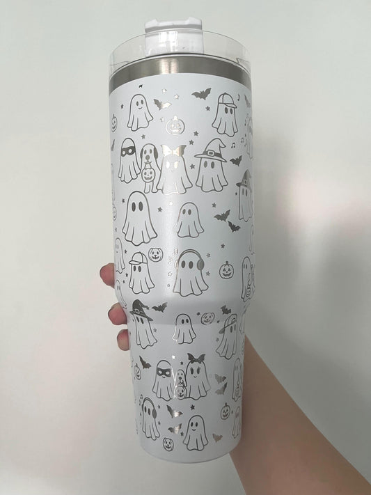 40oz stainless steel tumbler with laser engraved halloween ghosts