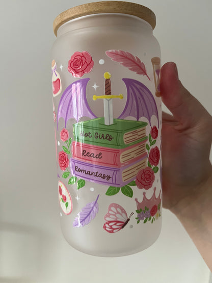 Hot girls read romantasy 16oz glass tumbler with lid colour books and a sword fantasy girl vibes