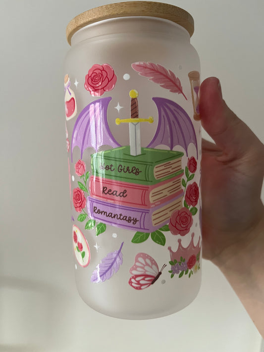 Hot girls read romantasy 16oz glass tumbler with lid colour books and a sword fantasy girl vibes