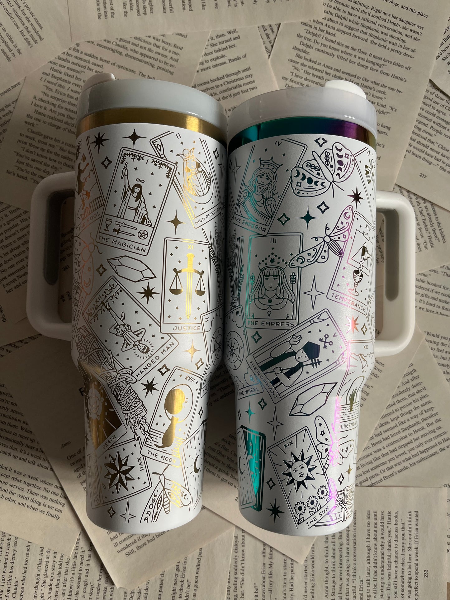 the tarot card the sun laser engraved on a white 40oz tumbler