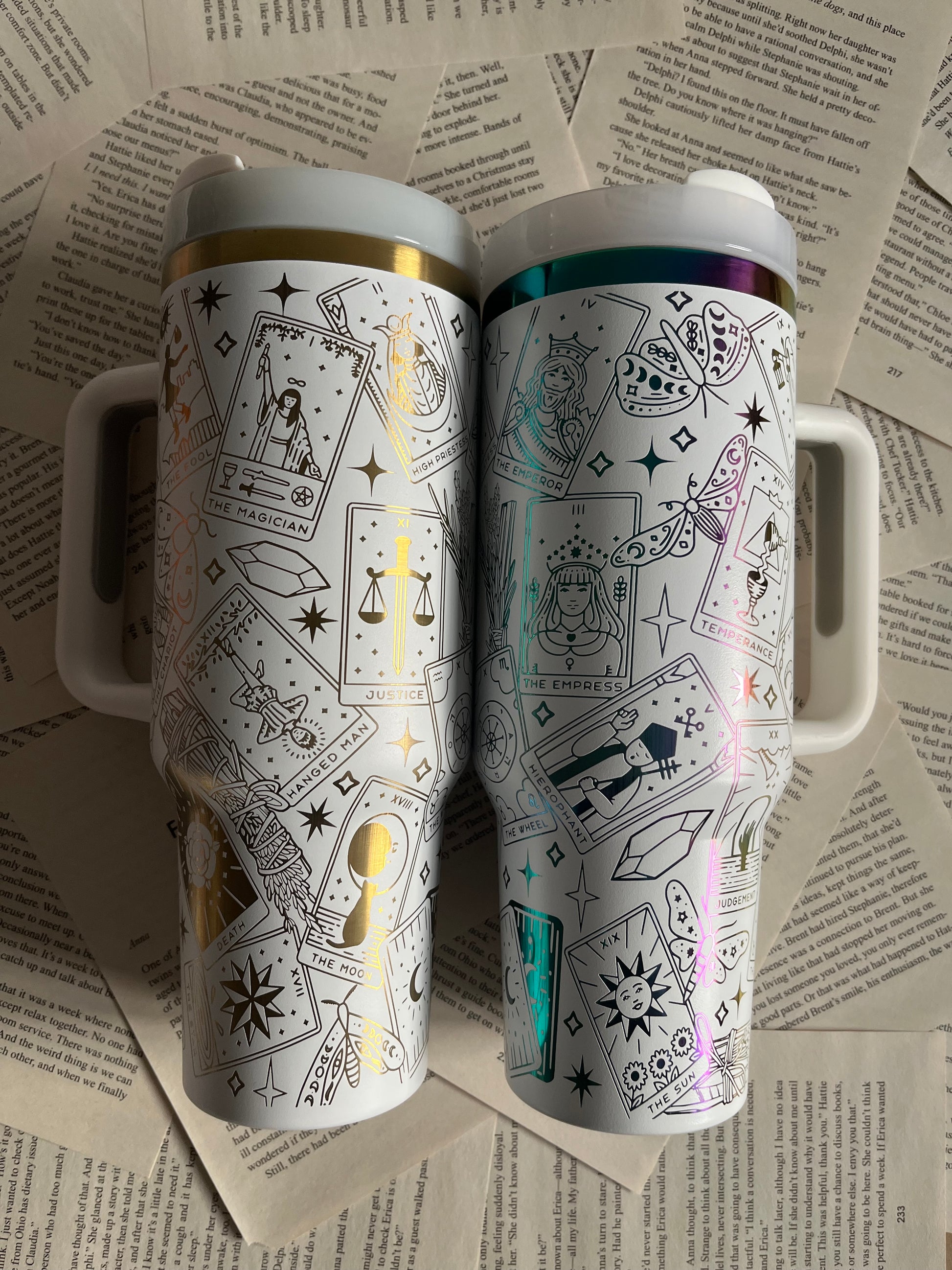 the tarot card the sun laser engraved on a white 40oz tumbler